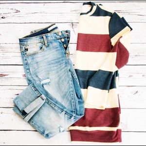 Kancan distressed jeans and adorable striped tunic